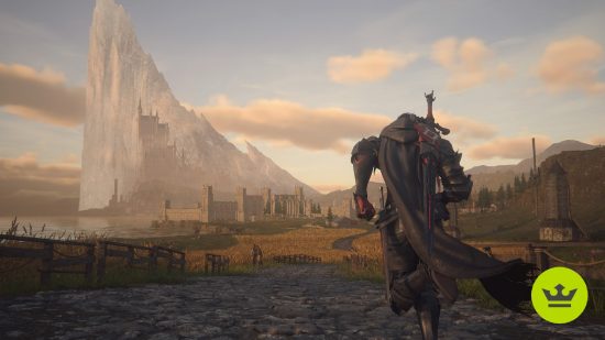 Final Fantasy 16 review: Clive running through a region of Valisthea towards a large mountain in Final Fantasy 16