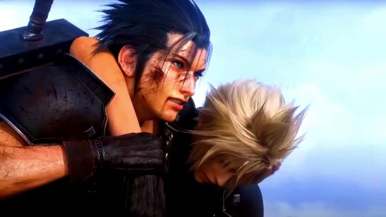 Final Fantasy 7 Rebirth Story: an image of two men carrying one another from the RPG trailer