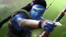 Is Avatar Frontiers of Pandora open world: Na'vi holding and aiming a bow in Avatar Frontiers of Pandora