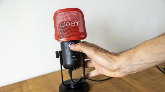 A hands-on image with the Joby Wavo Pod streaming microphone