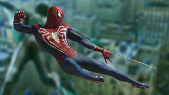Marvel's Spider-Man 2 pre-orders: Spider-Man from Marvel's Spider-Man 2 firing a web at enemies in front of a city background