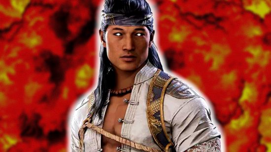 Mortal Kombat 1 main villain: Liu Kang standing in front of an explosion from the fighting game