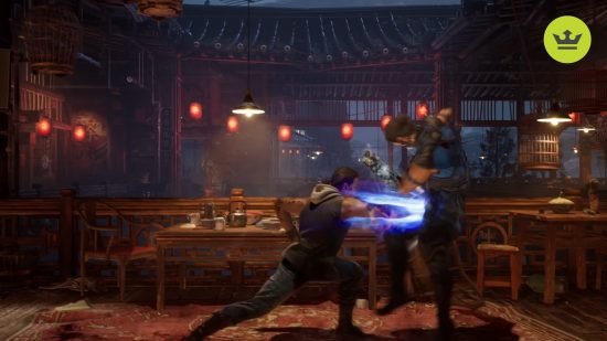 Mortal Kombat 1 stages easter eggs: an image of Kung Lao and Sub Zero fighting in a monk's hut