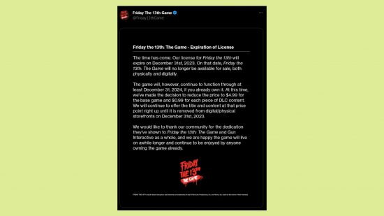New Friday the 13th game rumor: an image of the statement from Gun Interactive