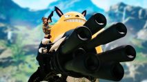Palworld release date: Pal with a minigun and player on its back in Palworld trailer