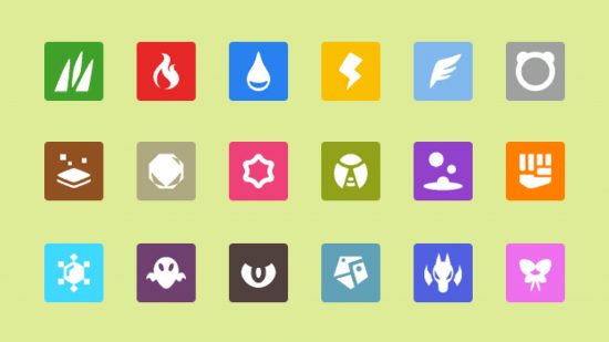 Carta Jenis Pokemon: Grafik yang menunjukkan logo untuk semua 18 jenis Pokemon, ditetapkan dengan latar belakang hijau pucat