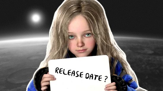 Pragmata release date: a small girl holding a sign in space