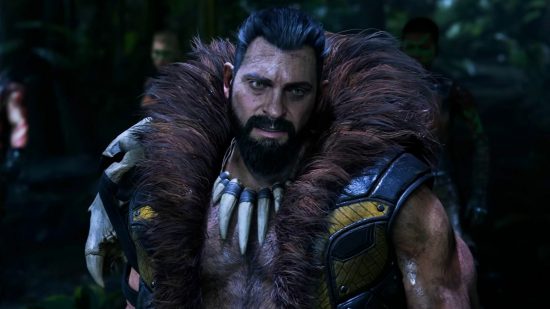 Spiderman 2 venom: Kraven wearing fur-lined metal armor and a necklace of large teeth around his neck 