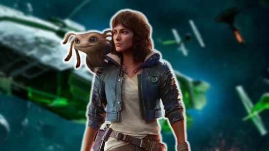 Star Wars Outlaws combat: Star Wars Outlaws character Kay with her small alien companion Nix on her shoulder. A blurred image of a spaceship battle is in the backdrop