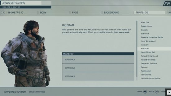Starfield character creation traits: an image of the menu in the Xbox RPG