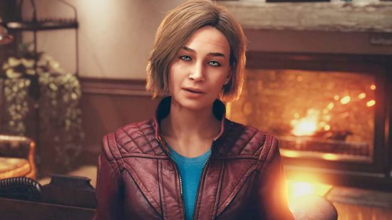 Starfield companions: A woman wearing a burgundy jacket standing in front of a lit fireplace