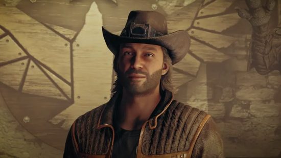 Starfield companions: A man dressed in a brown cowboy suit with a large emblem of an eagle behind him