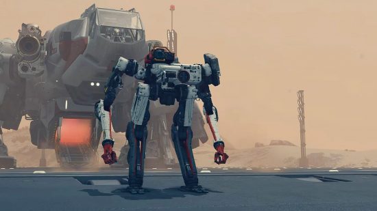 Starfield companions: A white bipedal robot stands in front of a large spaceship