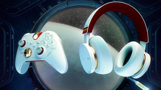 Starfield headset and controller on a space-themed background