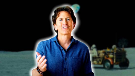 Starfield Vehicles: an image of Todd Howard in front of a land-based moon rover from Ad Astra
