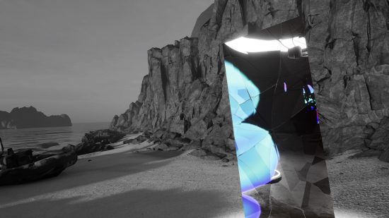 Synapse PSVR 2 review: a grayscale beach and cliffs with a shimmering, mirror-like portal