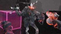 Synapse PSVR 2 review: a large armored monster holding a minigun throwing a smaller enemy. A pair of hands, one holding a pistol, are in the foreground
