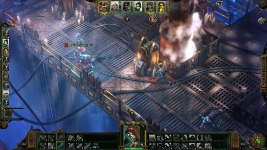 Warhammer 40K Rogue Trader release date: A player attacking an enemy hiding in a factory environment.