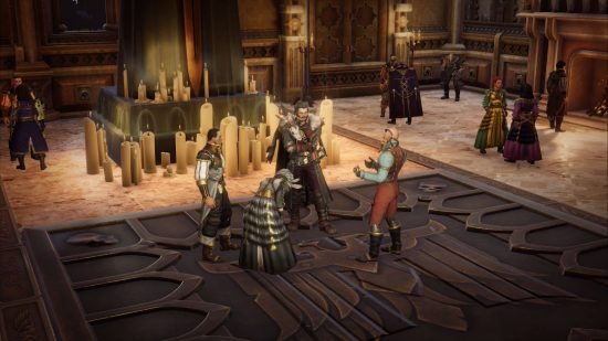 Warhammer 40K Rogue Trader release date: A group of people gathered in a circle, talking.