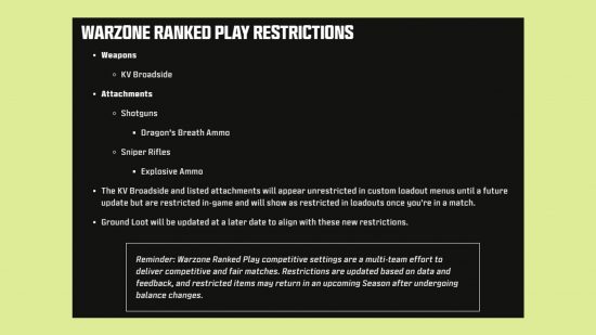 Warzone Ranked restrictions KV Broadside Season 4: an image of the patch notes discussed