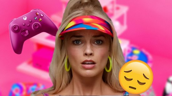 Xbox Barbie Series S competition: an image of Margot Robbie with a sad face and a pink controller