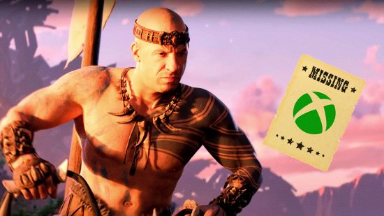 Xbox Showcase 2022 games released 12 months: an image of Vin Diesel in Ark 2 with a wanted poster showing the Xbox logo