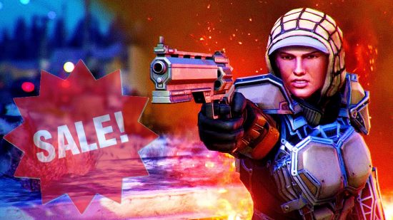 Xbox XCOM 2 sale War of the Chosen: an image of a woman shooting a gun with a sale sign popping up