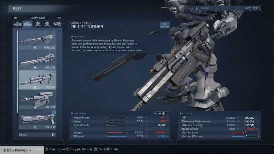 Armored Core 6 weapons: The RF-024 Turner assault rifle in the mech equipment screen.