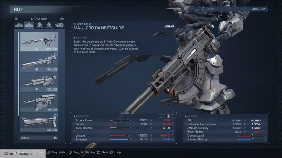 Armored Core 6 weapons: The MA-J-200 Ranetsu in the mech weapon screen.