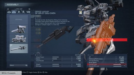 Armored Core 6 weapons: The DF-GR-07 grenade launcher in the mech weapons interface.