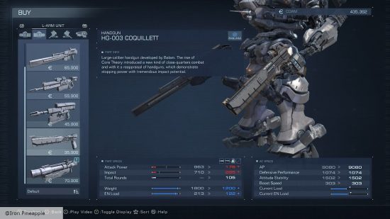 Armored Core 6 weapons: The HG-003 Coquillett handgun in the loadout page.