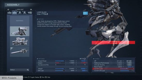 Armored Core 6 weapons: The Vvc-770LB laser blade in the weapon page.