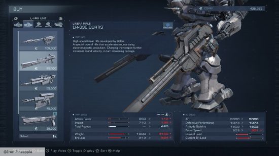 Armored Core 6 weapons: The LR-036 Curtis linear rifle in the weapon loadout screen.