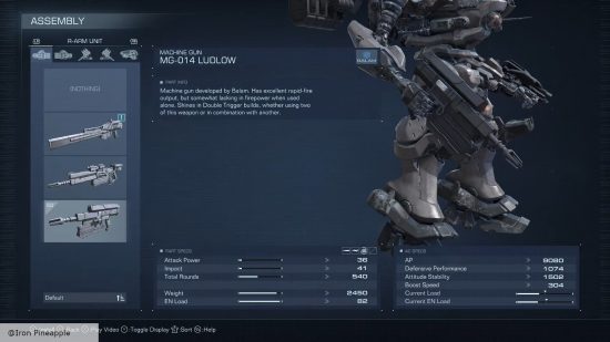 Armored Core 6 weapons: The MG-014 Ludlow machine gun in the inventory screen.