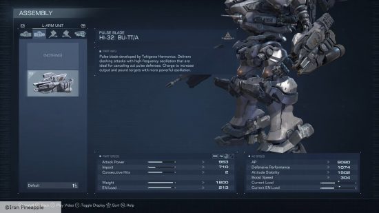 Armored Core 6 weapons: The HI-32 pulse blade viewed in the customization screen.