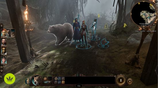 Baldur's Gate 3 difficulty settings: A full party of characters and companions standing around in a swamp environment.
