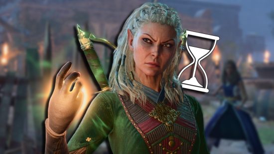 Baldur's Gate 3 length: A female elf looking sternly to the side, channelling magic in her hand. The background is blurred and a sand time icon is visible behind the character.