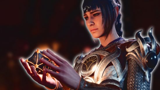 Baldur's Gate 3 split-screen: A female elf holding a magical object.