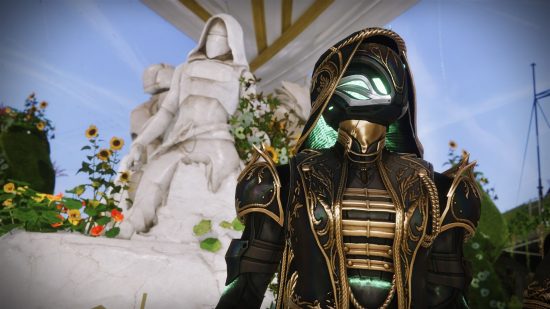 Destiny 2 Solstice armor 2023: A Hunter wearing the new Solstice armor in the Tower, standing next to a statue.