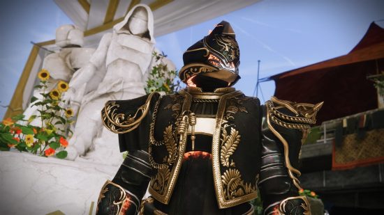 Destiny 2 Solstice armor 2023: A Titan in the new Solstice armor in the Tower, next to a statue.
