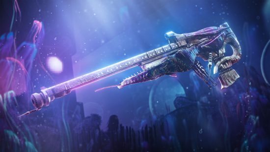 Destiny 2 Wicked Implement Catalyst: The Wicked Implement Exotic scout rifle promotional art, depicting the weapon underwater.