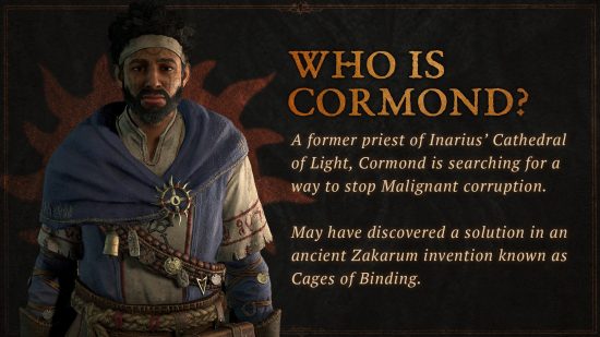 Diablo 4 Season 1: An official image giving a biography of Cormond.