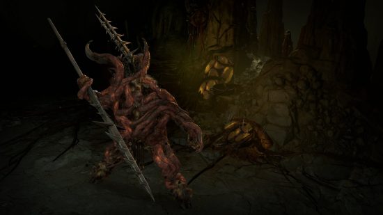 Diablo 4 Season 1: The red Malignant monster holding a spear, covered in tendrils.