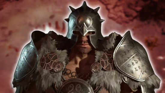 Diablo 4 Uniques: A Barbarian wearing heavy metal armor against a blurred, red-tinted background.