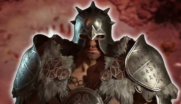 Diablo 4 Uniques: A Barbarian wearing heavy metal armor against a blurred, red-tinted background.