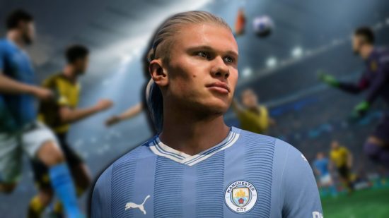 FC 24 best formations: Erling Haaland looking up and to the right against a blurred background of gameplay.