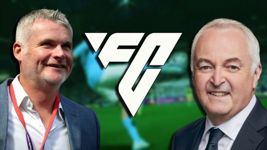 FC 24 commentators: Guy Mowbray smiling wearing a suit jacket and shirt on the left side. Derek Rae smiling wearing a suit jacket, shirt, and tie on the right side of the image. The EA FC logo is at the centre of the image.