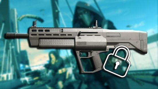 Warzone how to unlock the MX Guardian: The MX Guardian Season 4 Reloaded shotgun against a blurred background of characters on a bridge. There is a padlock icon next to the weapon.