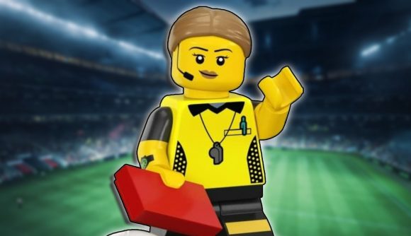 Lego 2K Goal release date: A Lego minifigure depicting a soccer referee holding a red card.