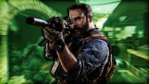 Call of Duty Modern Warfare 3 campaign: Captain Price aiming his weapon to the left side of the image. The background is tinted green.